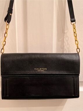 Halston Heritage Black Leather Crossbody with Gold Chain Strap